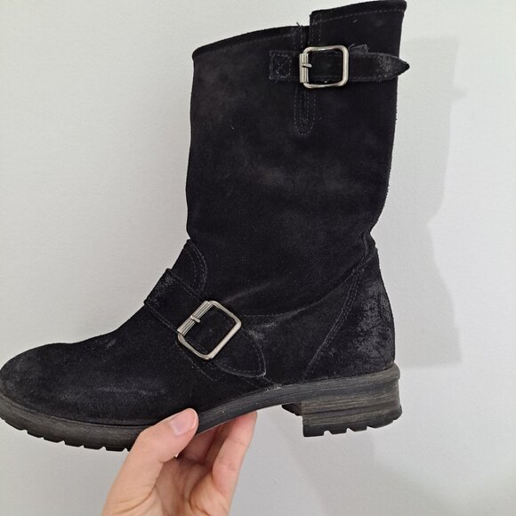 Paul Green Black Suede Distressed Moto Fall Boots Zipper Buckle - Picture 8 of 13